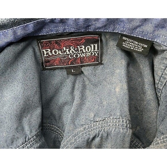 Rock & Roll Cowboy Western Shirt, Pearl Snap, Sz Large, Geometric Denim Blue - Picture 8 of 9